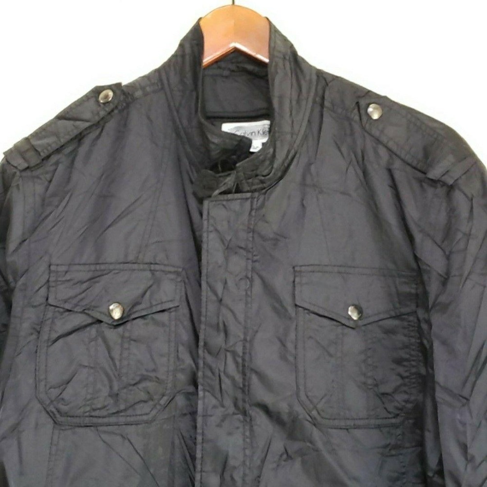 Calvin Klein Jacket Mens Large Black Nylon Full Zip Military Lined Stand Collar